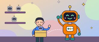 Мужчина несёт коробку со старым маленьким роботом к новому большому роботу, который приветливо машет ему