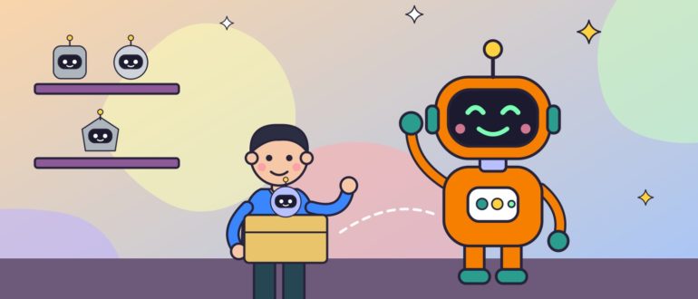 Мужчина несёт коробку со старым маленьким роботом к новому большому роботу, который приветливо машет ему
